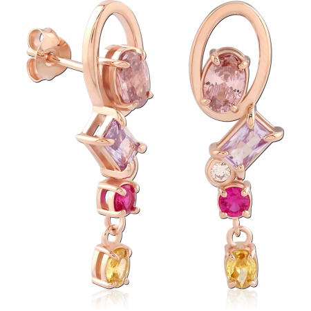 ROSE GOLD PLATED STERLING SILVER 925 STUD EARRINGS OPEN HOOP MULTICOLOR GEM DANGLE