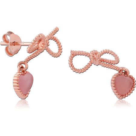 ROSE GOLD PLATED STERLING SILVER 925 STUD EARRINGS BOW WITH PINK HEART DROP PAIR