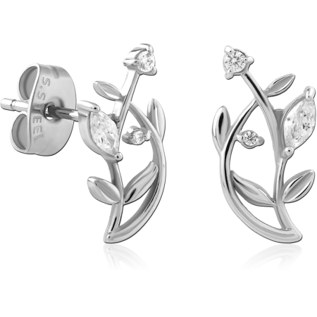316L SURGICAL STEEL STUD EARRINGS PAIR LEAF BRANCH WITH CLEAR GEMS