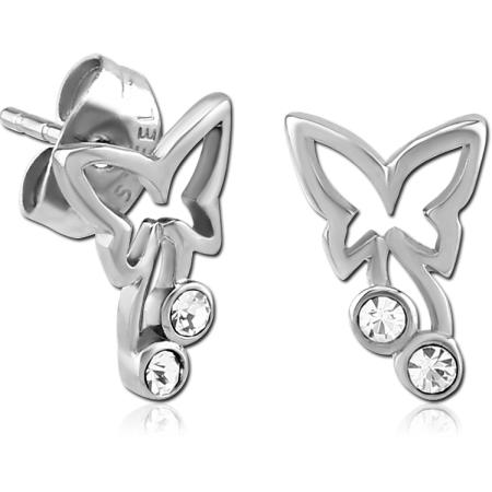 316L SURGICAL STEEL STUD EARRINGS OPEN BUTTERFLY WITH DOUBLE CLEAR GEMS