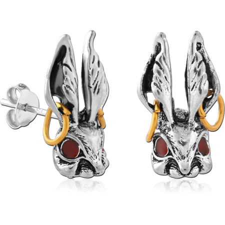 316L SURGICAL STEEL STUD EARRINGS RABBIT HEAD WITH HOOP RINGS AND RED EYES PAIR