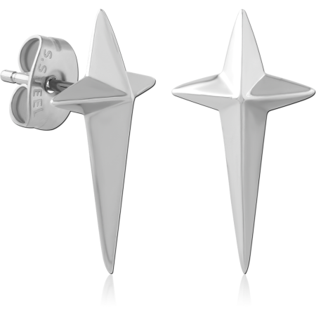 SURGICAL STEEL STUD EARRINGS ELONGATED STAR SPIKE POLISHED DESIGN DETAIL