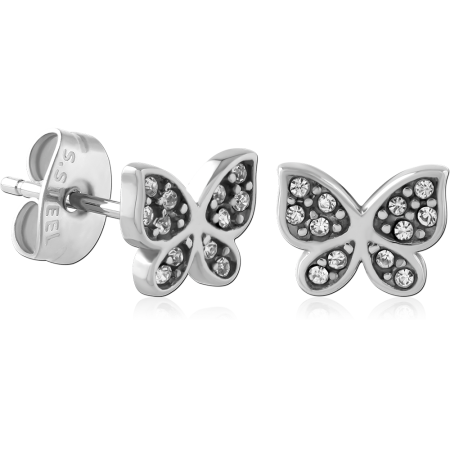 SURGICAL STEEL STUD EARRINGS BUTTERFLY PAVE WINGS CLEAR GEMS DESIGN