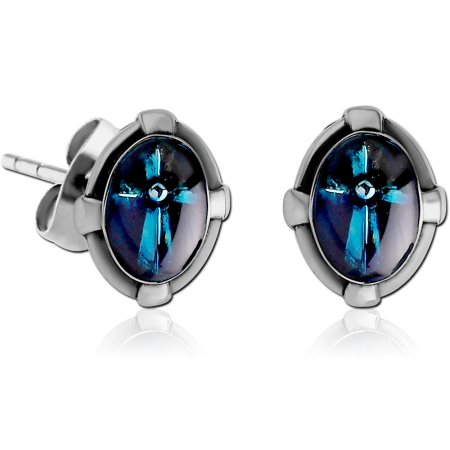 316L SURGICAL STEEL STUD EARRINGS OVAL BLUE CROSS INLAY DOMED DESIGN