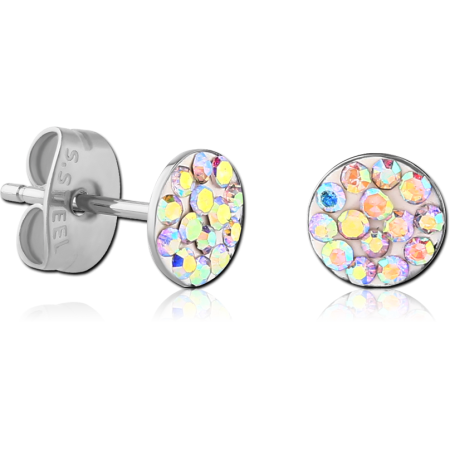 316L SURGICAL STEEL STUD EARRINGS ROUND IRIDESCENT MULTI CRYSTAL FACE