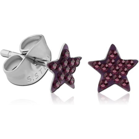 316L SURGICAL STEEL STUD EARRINGS STAR PURPLE MULTI CRYSTAL FACE