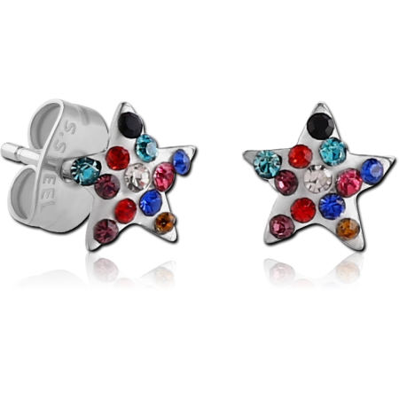 316L SURGICAL STEEL STUD EARRINGS FIVE POINT STAR PAVE MULTICOLOR CRYSTALS PAIR