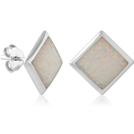 STERLING SILVER 925 STUD EARRINGS WHITE SPECKLED INLAY DIAMOND BEZEL SET