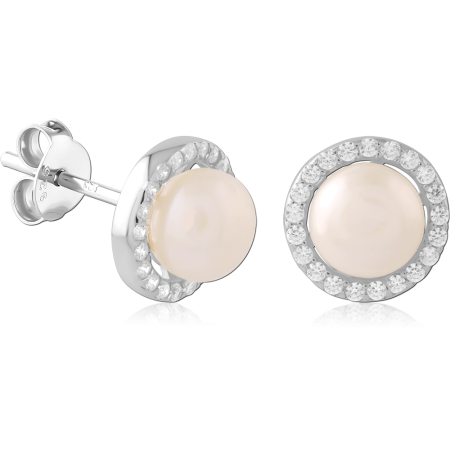 STERLING SILVER 925 STUD EARRINGS ROUND HALO CRYSTAL WITH WHITE PEARL