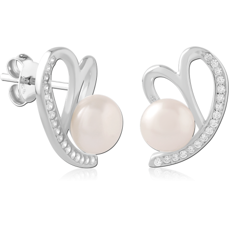 STERLING SILVER 925 STUD EARRINGS CURVED OPEN HEART CRYSTALS WITH WHITE PEARL