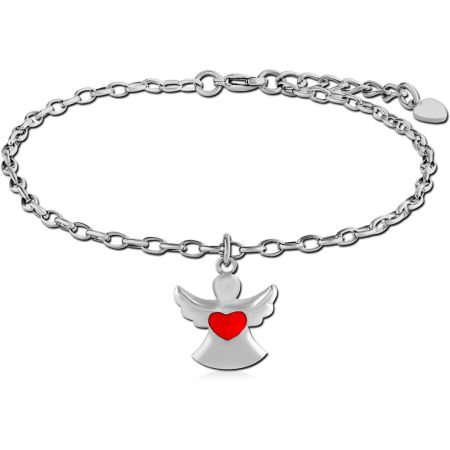 SURGICAL STEEL OVAL ROLLO CHAIN ANKLET WITH CHARM WITH ENAMEL - ANGEL