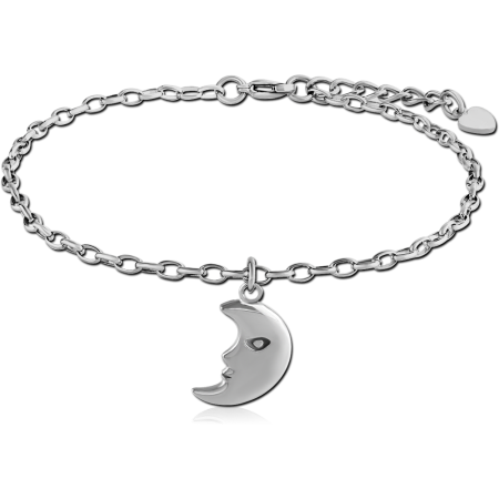 SURGICAL STEEL OVAL ROLLO CHAIN ANKLET WITH CHARM - MOON