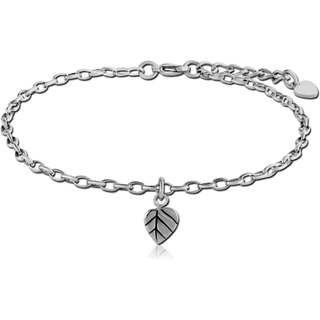 SURGICAL STEEL OVAL ROLLO CHAIN ANKLET WITH CHARM - LEAF