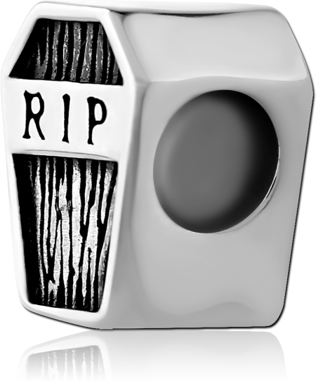SURGICAL STEEL BEAD COFFIN SHAPE RIP ENGRAVED BLACKENED DETAIL POLISHED FINISH