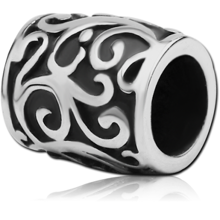 SURGICAL STEEL BEAD FILIGREE SWIRL BARREL BLACKENED DETAIL POLISHED EDGES