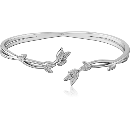 RHODIUM PLATED STERLING SILVER 925 BANGLE OPEN CUFF LEAF VINE DESIGN