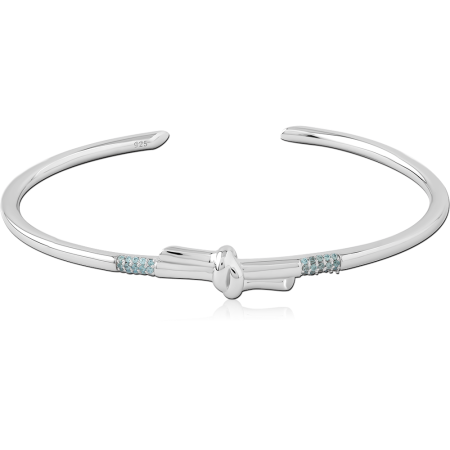 RHODIUM PLATED STERLING SILVER 925 BANGLE OPEN CUFF KNOT WITH BLUE STONES