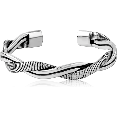 316L SURGICAL STEEL BANGLE TWISTED DUAL BAND RIBBED TEXTURE OPEN CUFF