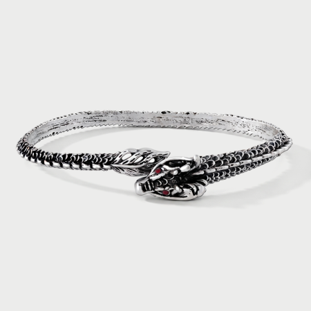 SURGICAL STEEL BANGLE DRAGON HEAD TEXTURED BAND WITH SCALE DETAILING