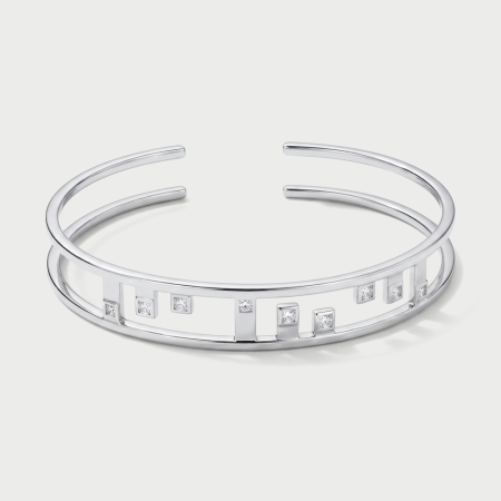 STERLING SILVER 925 BANGLE DOUBLE BAND GEOMETRIC BARS WITH SQUARE CLEAR GEMS