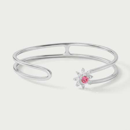 STERLING SILVER 925 BANGLE OPEN DOUBLE BAND WITH FLOWER PINK GEM