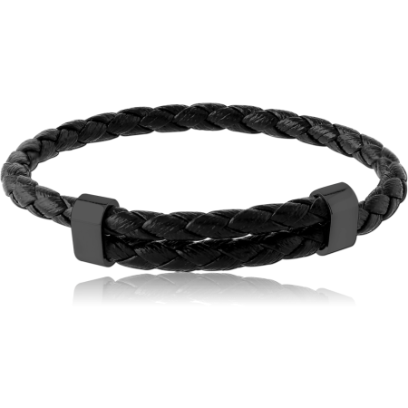 BLACK PVD COATED SURGICAL STEEL BRACELET WITH LEATHER