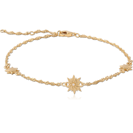 GOLD PLATED 14K STERLING SILVER 925 CHAIN BRACELET STARBURST AND STAR CHARMS