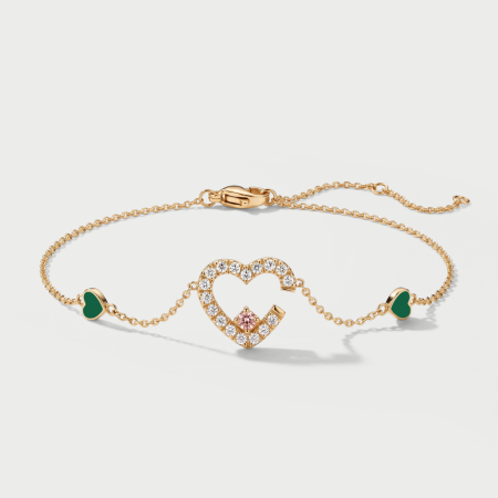 316L GOLD PVD 18K COATED SURGICAL STEEL BRACELET OPEN PAVE HEART WITH GREEN HEARTS