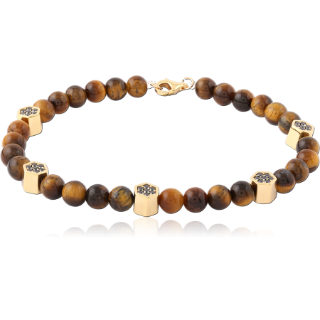 GOLD PLATED 18K STERLING SILVER 925 BRACELET WITH TIGER EYE BEADS AND PAVE CUBES