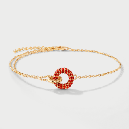 GOLD PLATED 18K STERLING SILVER 925 BRACELET DOUBLE RING KNOT WITH RED GEMS
