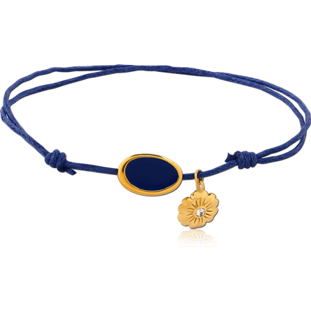 GOLD PVD COATED SURGICAL STEEL CORD BRACELET BLUE ENAMEL OVAL WITH FLOWER CHARM