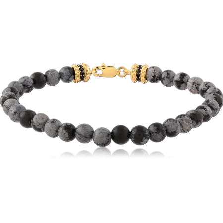 GOLD PVD COATED SURGICAL STEEL ELLASTIC BRACELET WITH SNOWFLAKE STONE BEADS