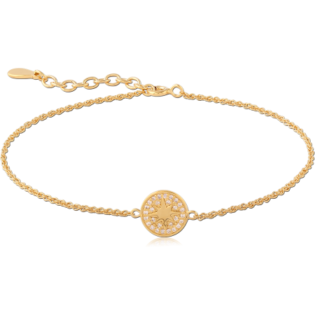 GOLD PLATED STERLING SILVER 925 BRACELET ROUND MEDALLION STAR CENTER CLEAR GEMS