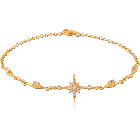 GOLD PLATED STERLING SILVER 925 BRACELET NORTH STAR CENTER DANGLING DROP CLEAR GEMS