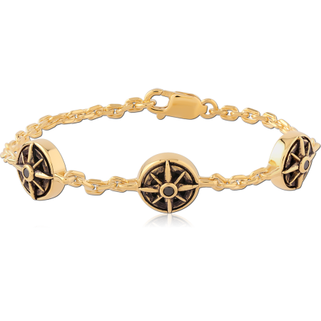 GOLD PLATED 18K STERLING SILVER 925 BRACELET TRIPLE COMPASS MEDALLIONS BLACK ACCENTS