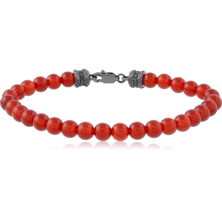 HEMETITE PVD COATED SURGICAL STEEL ELLASTIC BRACELET WITH RED AGATE STONE BEADS