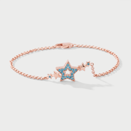 ROSE GOLD PLATED STERLING SILVER 925 BRACELET STAR OUTLINE BLUE GEM WITH STAR CHARMS