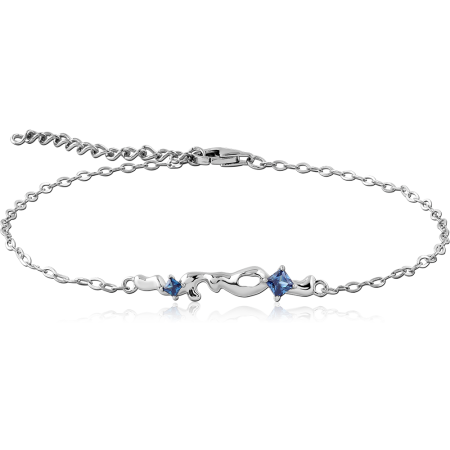 RHODIUM PLATED STERLING SILVER 925 BRACELET CHAIN WITH BLUE SQUARE GEMS