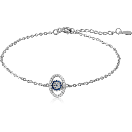 STERLING SILVER 925 BRACELET WITH OVAL EVIL EYE CHARM BLUE AND CLEAR GEMS