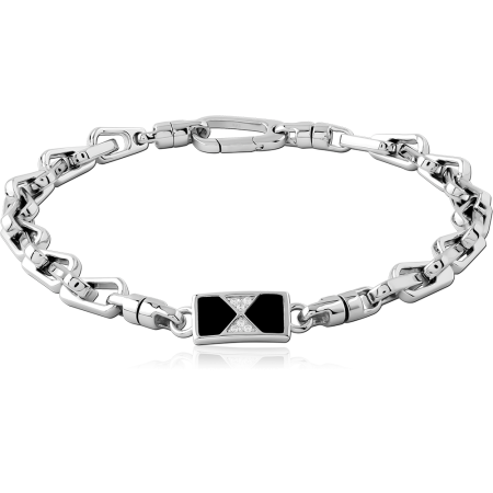 RHODIUM PLATED STERLING SILVER 925 BRACELET CHUNKY LINKS WITH BLACK INLAY BAR
