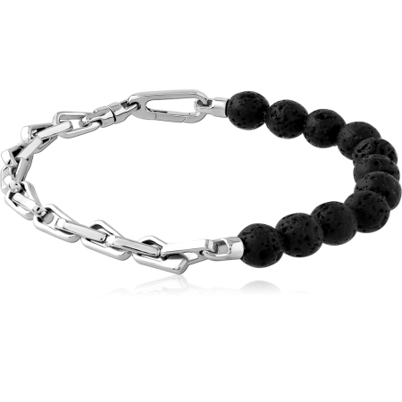 RHODIUM PLATED STERLING SILVER 925 BRACELET MIXED CHAIN WITH BLACK BEADS