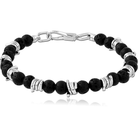 RHODIUM PLATED STERLING SILVER 925 BRACELET BLACK BEADS WITH POLISHED RING SPACERS