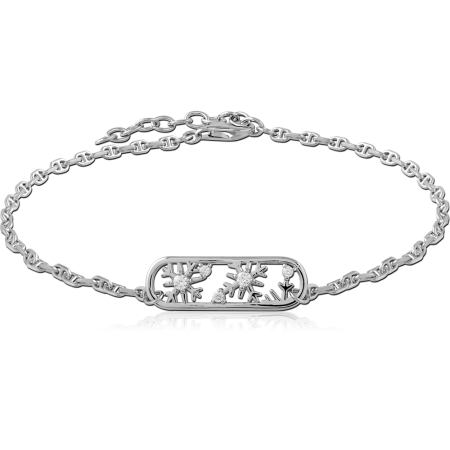 RHODIUM PLATED STERLING SILVER 925 BRACELET FLOWER CUTOUT BAR ON CABLE CHAIN