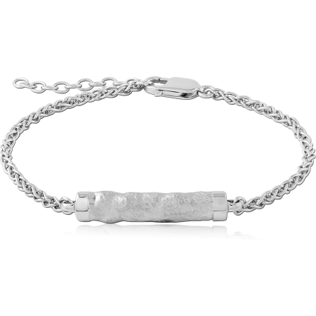 RHODIUM PLATED STERLING SILVER 925 BRACELET TEXTURED BAR ON BRAIDED CHAIN