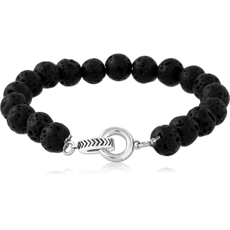 RHODIUM PLATED STERLING SILVER 925 BRACELET BLACK BEADS WITH TOGGLE RING CLASP