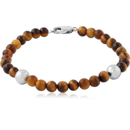 RHODIUM PLATED STERLING SILVER 925 BRACELET BROWN STONE BEADS WITH SILVER ACCENTS