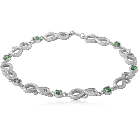 RHODIUM PLATED STERLING SILVER 925 JEWELED BRACELET INFINITY LINKS WITH GREEN GEMS
