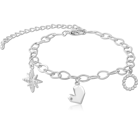 STERLING SILVER 925 CHAIN BRACELET WITH STAR HEART AND RING CHARMS