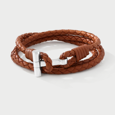 RHODIUM PLATED STERLING SILVER 925 BRACELET BRAIDED LEATHER WRAP WITH T-BAR CLASP