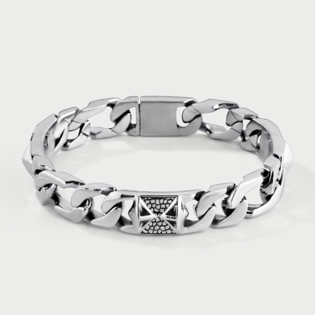SURGICAL STEEL BRACELET CURB CHAIN WITH TEXTURED CENTER PLAQUE BOX CLASP